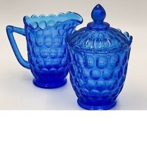 Fenton Vintage 1960's Colonial Blue Thumbprint Creamer & Sugar Bowl With Lid Set